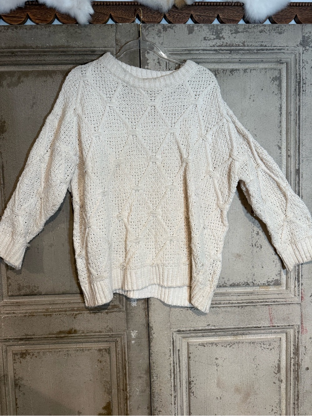 POL Cream Diamond Cable Knit Crewneck Sweater